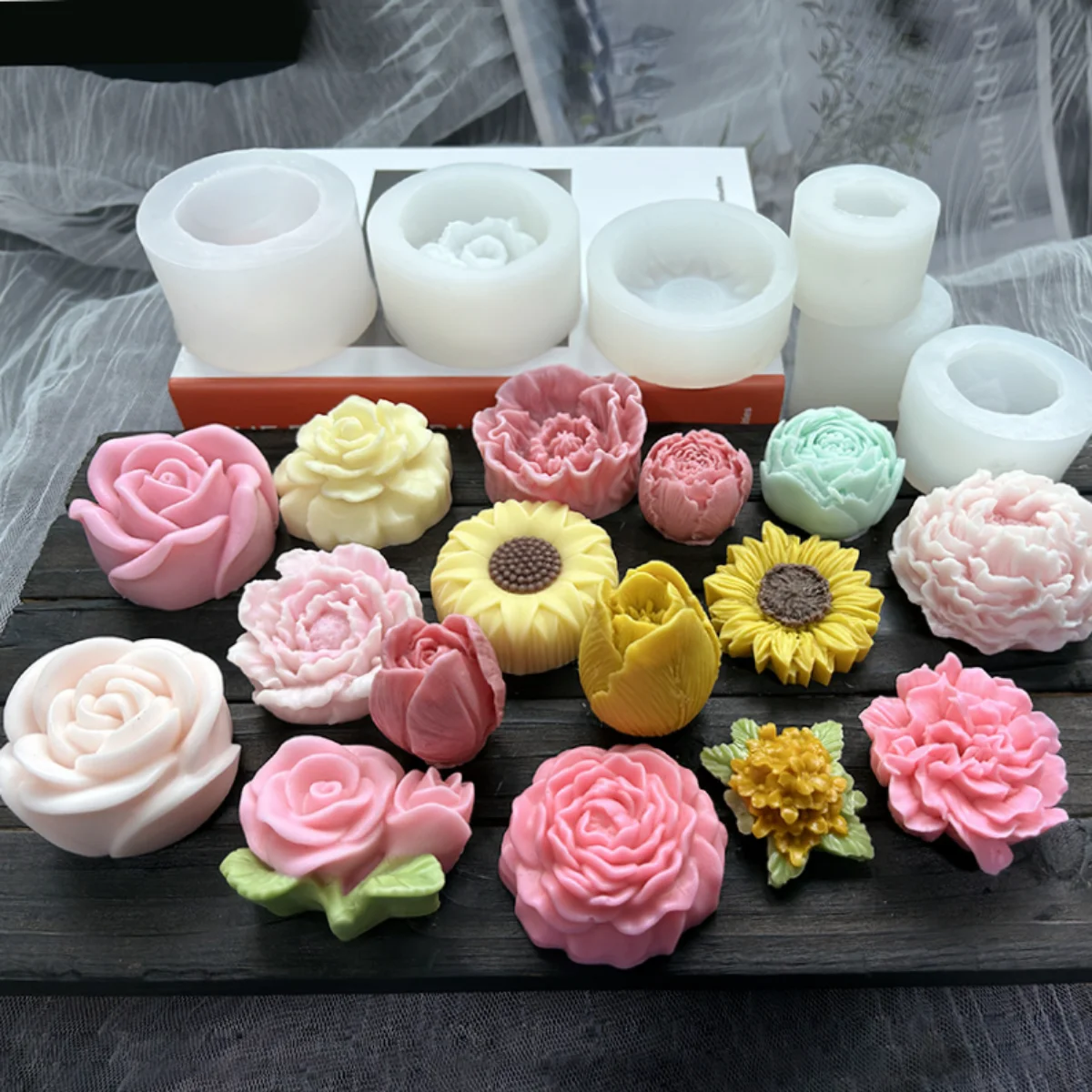 Multi Style Lotus Flower Silicone Candle Mold Sunflower Peony Soap Resin Crystal Mould Heart Rose Chocolate Ice Making Set Gifts