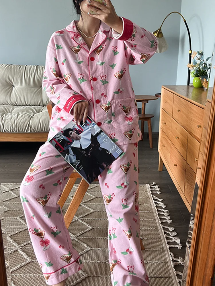 Damen Niedlicher Cartoon-Druck 100% Baumwolle Gebürstetes Pyjama-Set Frühling Herbst Langarm-Oberteil Lange Hose 2-teilig Loungewear Homewear – Detail 34