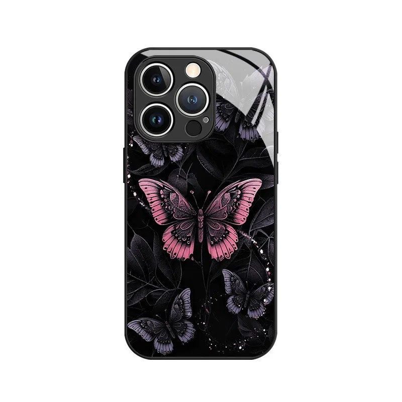 Etui na telefon ze szkła hartowanego Retro Dark Butterfly Pattern do iPhone 11 12 13 14 15 16 17 Pro Max 17Air 16E 7 8 Plus XR XS X Cover