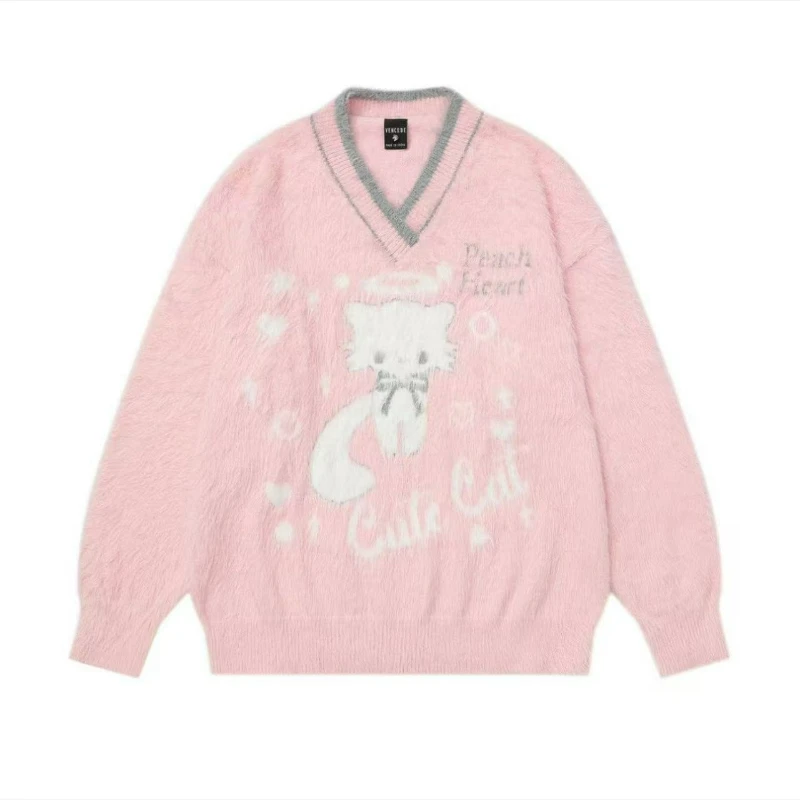

New Fashion Laid-back Style Loose Knitted Sweater Top 2026 Autumn Korean-style V-neck Printed Water Mink Fur Sweater for Women