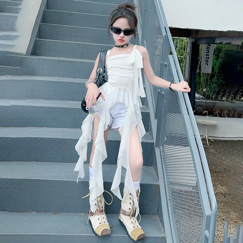 

Girls Summer Design off oulder Tassel Trim Slim Fit Vest Irregular Hemline Floa Trendy Korean Child Clothing