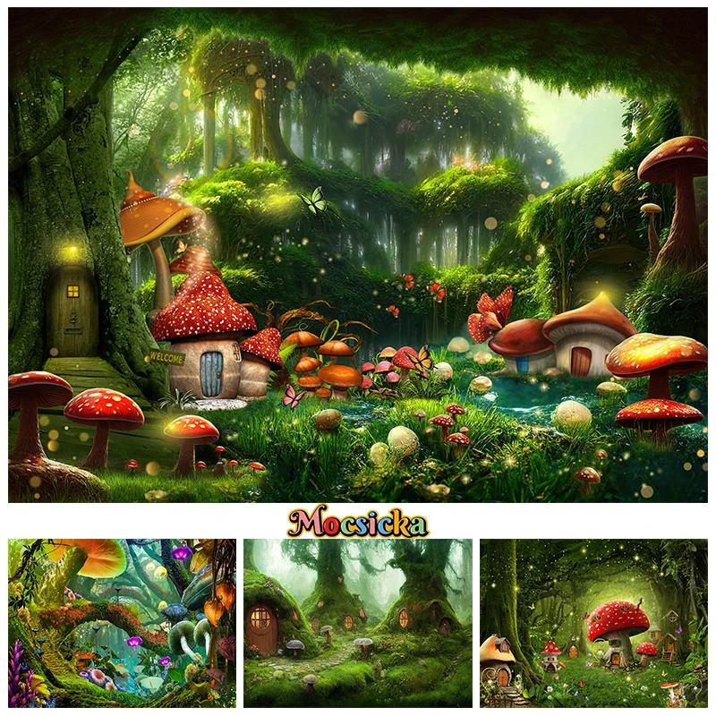 사진 촬영용 녹색 숲 배경, 자연 버섯 집 부활절 장식, 계란 아기 생일 용수철 배경, 사진 스튜디오