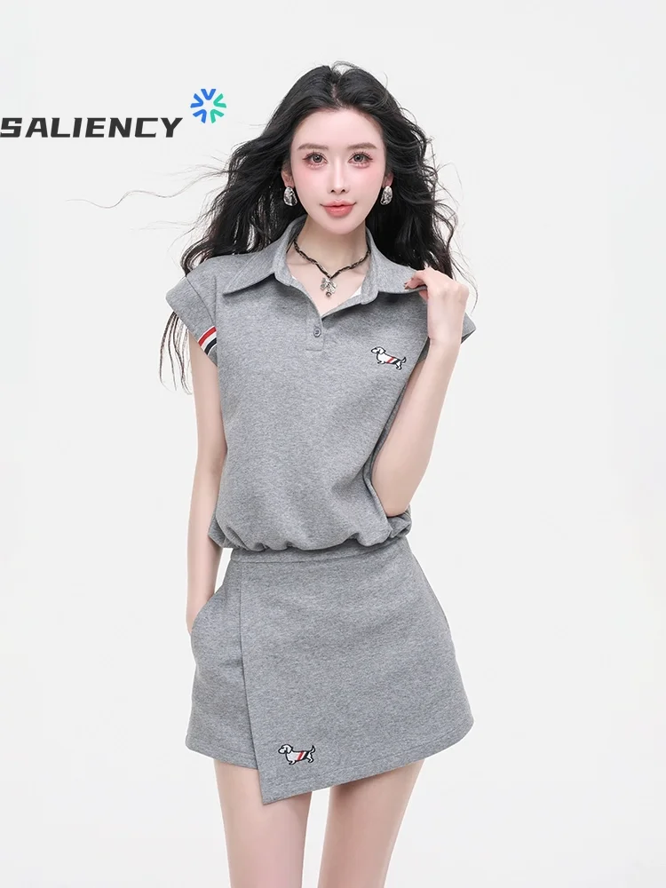 

SALIENCY рубашка без рукавов и шорты с вышивкой собаки, комплект из двух предметов, новый летний повседневный спортивный комплект в студенческом стиле для женщин