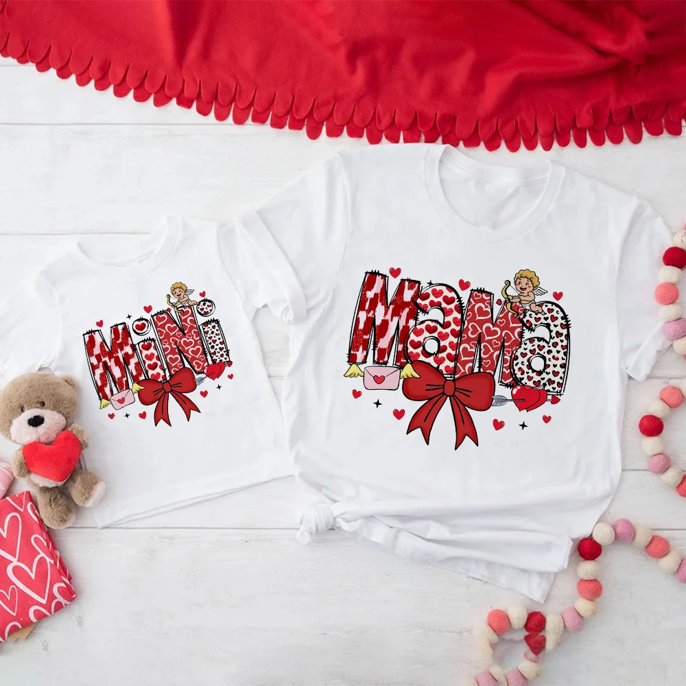 Mama Mini Print Family Shirts Outfit Valentine's Day Mom & Kids Holiday Matching Clothes Tee Mommy and Child T-shirt Girls Tops