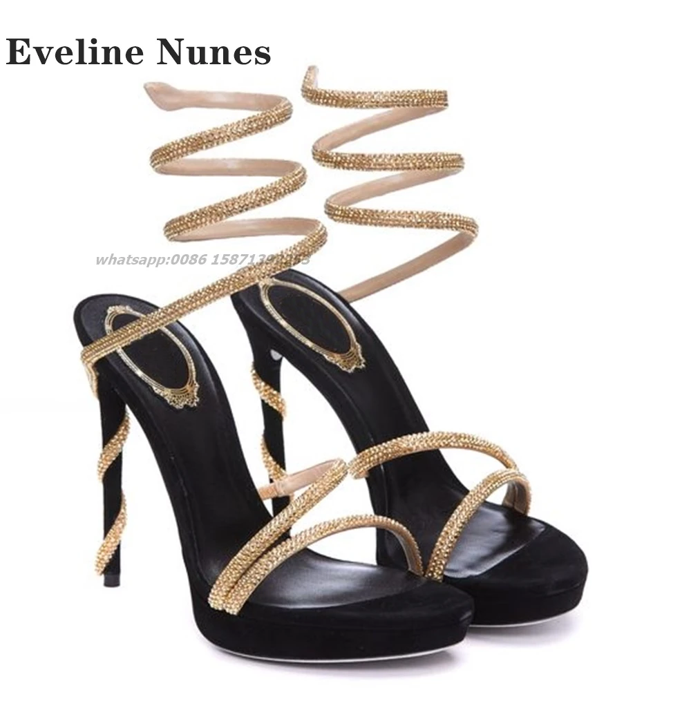 

Rhinestone Snake-Strappy Platform Sandals Open Toe Strange Style Side Air Slingback Women Heels Big Size Runway Show Sexy Shoes