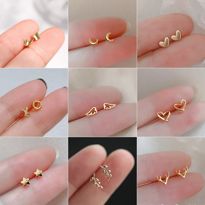 Adoráveis Brincos Pequenos para Mulheres, Piercings, Asa, Coração Stud, Cor Dourada, 925 Agulhas de Prata, Ear Jewelry, Presente Adolescente