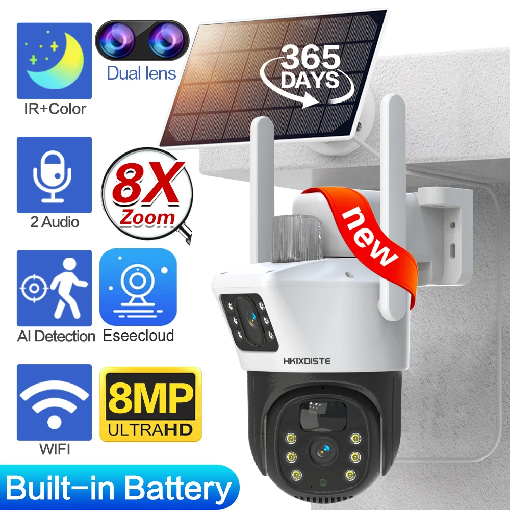 4K Solar Security Camera 8MP Dual Lens Screen Wireless Outdoor Audio WiFi Solar Panel PTZ Cctv Webcam Motion PIR Detection Cam