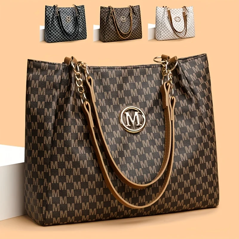 

Retro Geometric Women's Tote - Large Capacity Synthetic Leather One-Shoulder Tote with Golden Hardware, Herringbone Pattern And Letter "M" Design