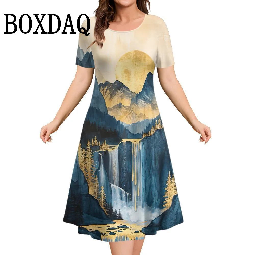 Ropa de mujer con estampado 3D de paisaje de mármol, vestidos de fiesta elegantes de manga corta de verano, vestido informal holgado con pintura acampanada y cuello redondo