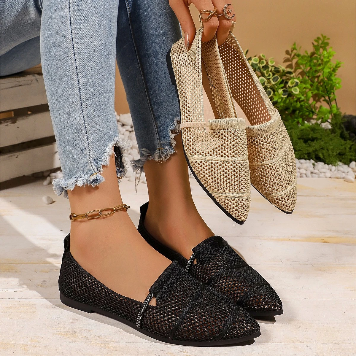 Summer Women's Low Heel weave Mesh Hollow Out Breathable Shoes Fashion Pointed Toe Solid Soft Sole Casual Sneakers Loafers