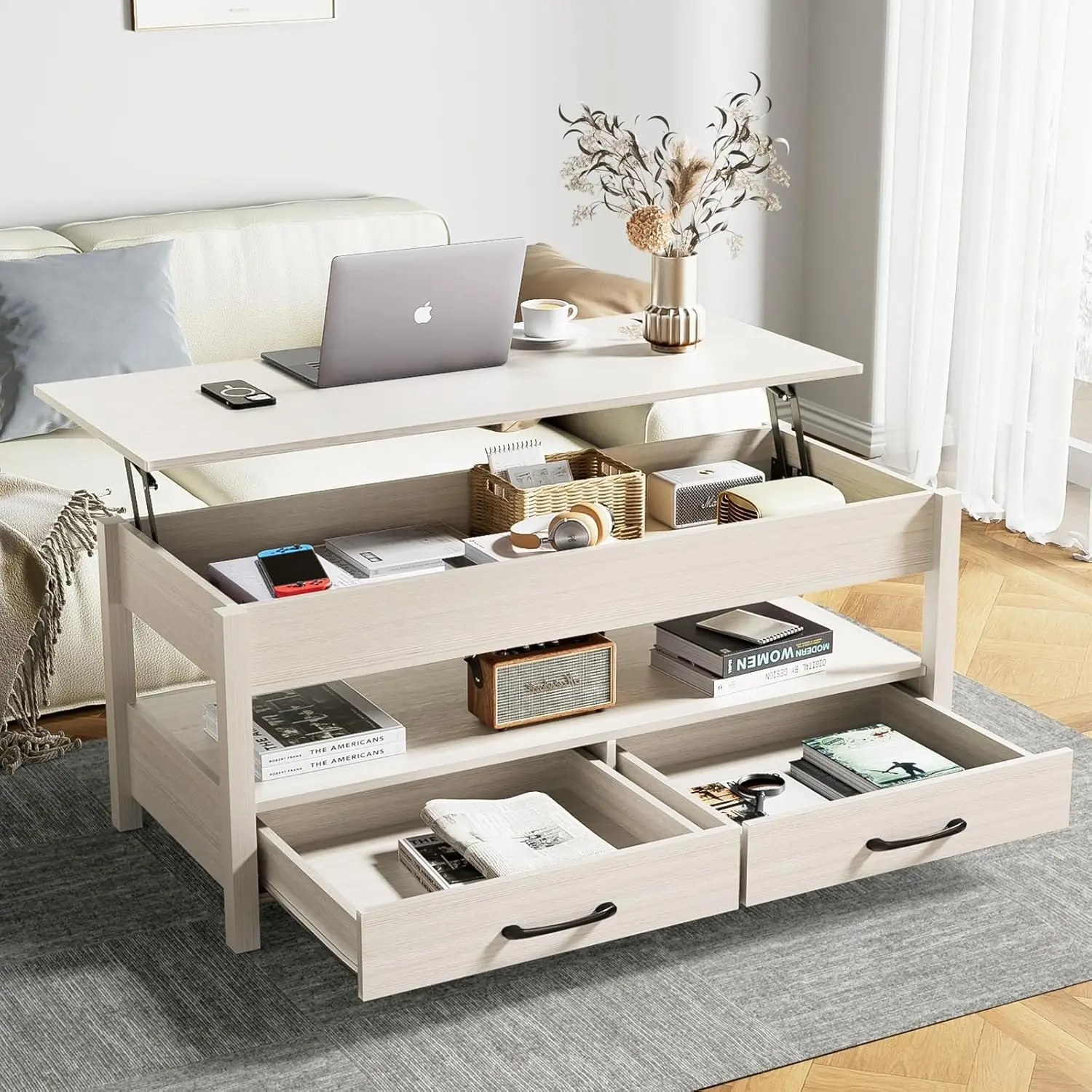 2 Hidden Storage Drawers and A Display Shelf, 43.3" Coffee Table wit Lift Top, Grey Coffee Table with Large Capacity Storage