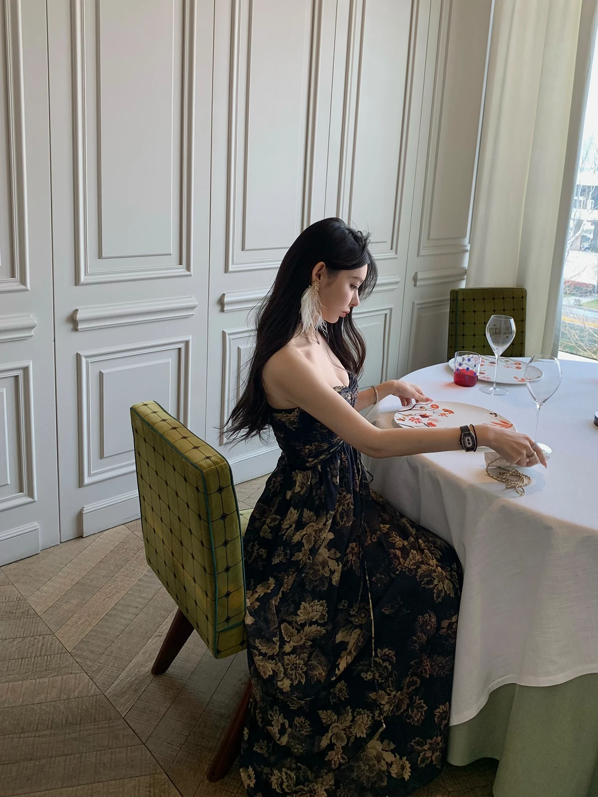 

Платье макси Good Morning Fanfan с китайским принтом тушью, женское летнее, с завышенной талией, без бретелек, А-силуэт