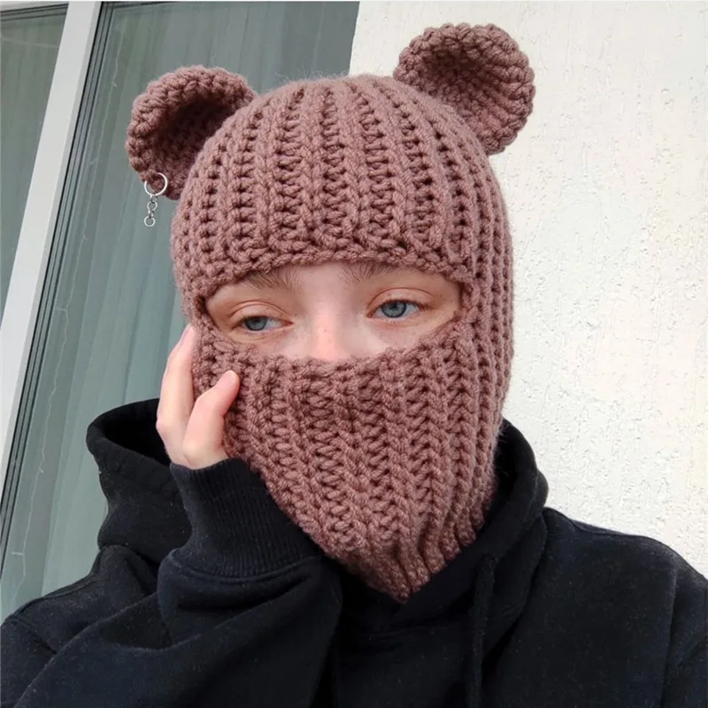 Man Halloween Y2k Balaclava Bear Ear Hat Unisex Windproof Bear Ears Women Warm Riding Integrated Scarf Beanie Hat