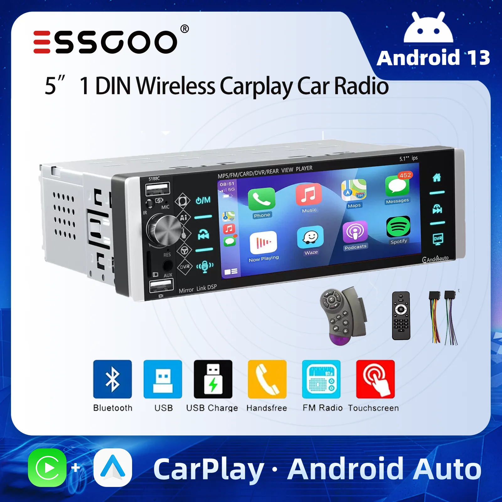 

ESSGOO 5.1" HD Touchscreen Single 1 DIN Universal Car Stereo Radio Wireless Carplay Android Auto BT USB AUX-IN TF FM Mirror Link