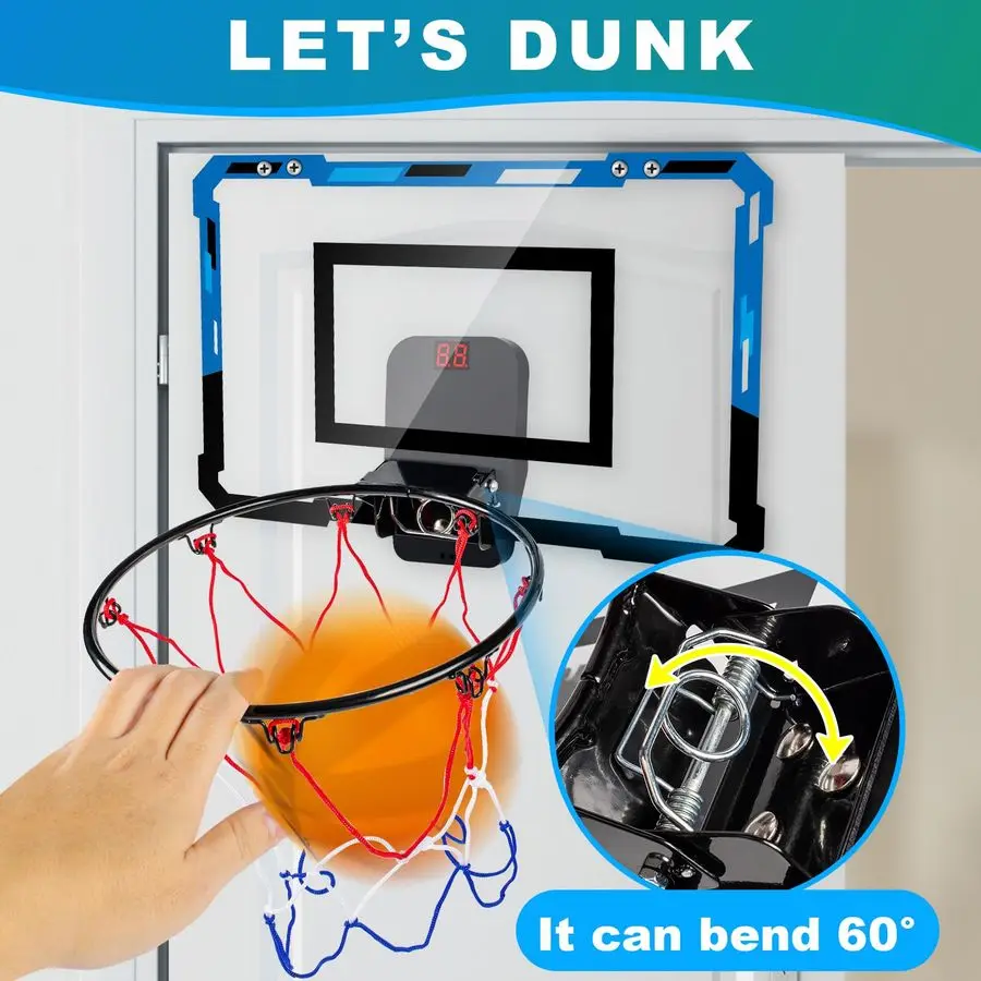 ห่วงบาสเก็ตบอลในร่มสำหรับเด็กและผู้ใหญ่ พร้อมตัวนับคะแนน 2 วิธี ห่วงบาสเก็ตบอลขนาดเล็กติดประตูห้อง พร้อมแบตเตอรี่ 3 ก้อน และลูกบาสเก็ตบอล