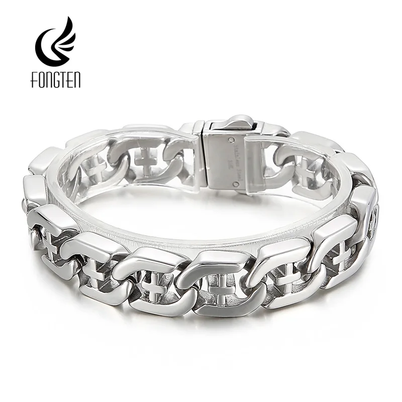 Fongten 21cm Cross Bracelets For Men Stainless Steel Cuban Link Chain Wristband Bangle Bracelets Silver Color Male Jewelry