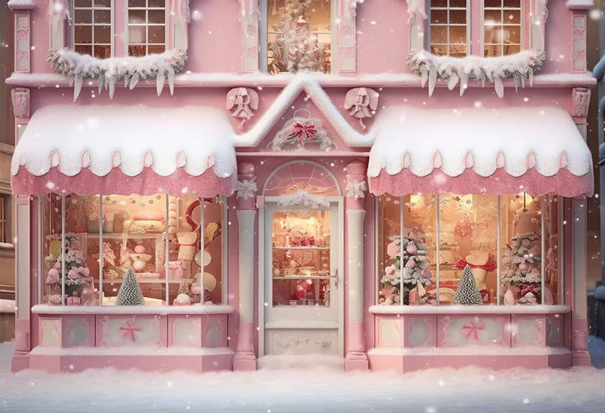 خلفية تصوير من Mehofond للشتاء والكريسماس والحلوى الوردية ونافذة المتجر والثلوج والكريسماس للأطفال والعائلة وديكور الصور والخلفية