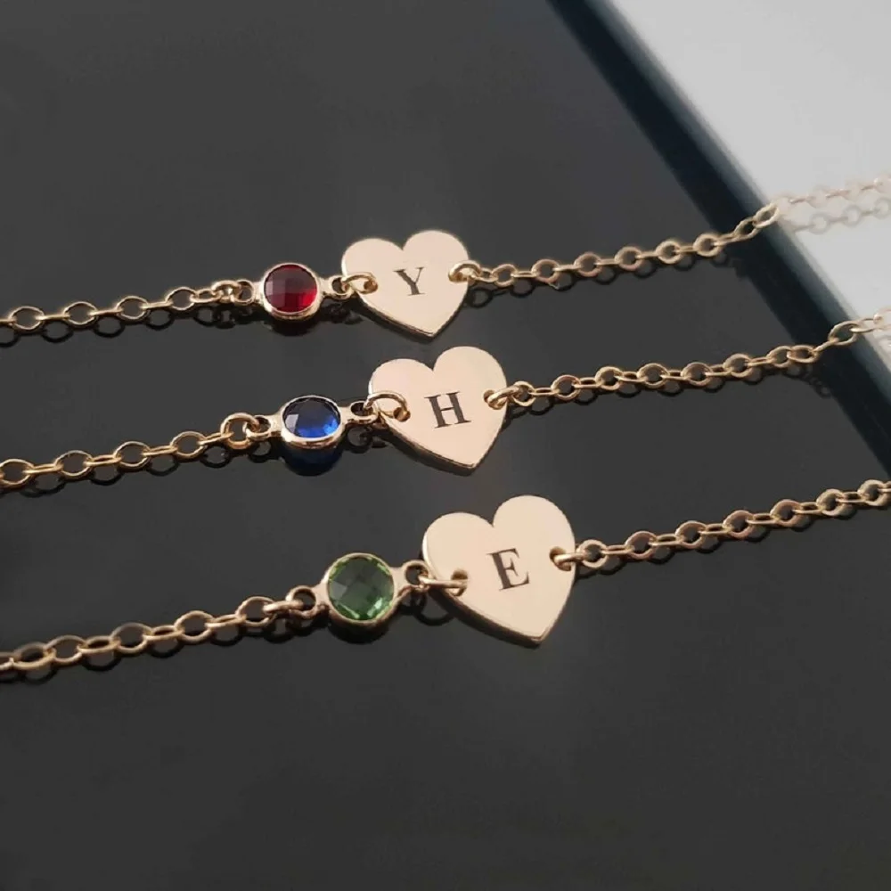 Personalized Heart Charm Bracelet With Birthstone Customized Hand Engraved Letter Jewelry Sisters Bridesmaid Bracelet FOr Mom