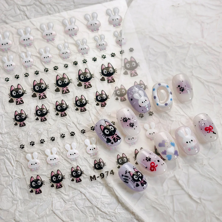 네일 아트 스티커 사랑스러운 토끼 5D 부조 매니큐어 데칼 만화 검은 고양이 흰 토끼 새끼 고양이 발 귀여운 3D 젤리 자기 접착제