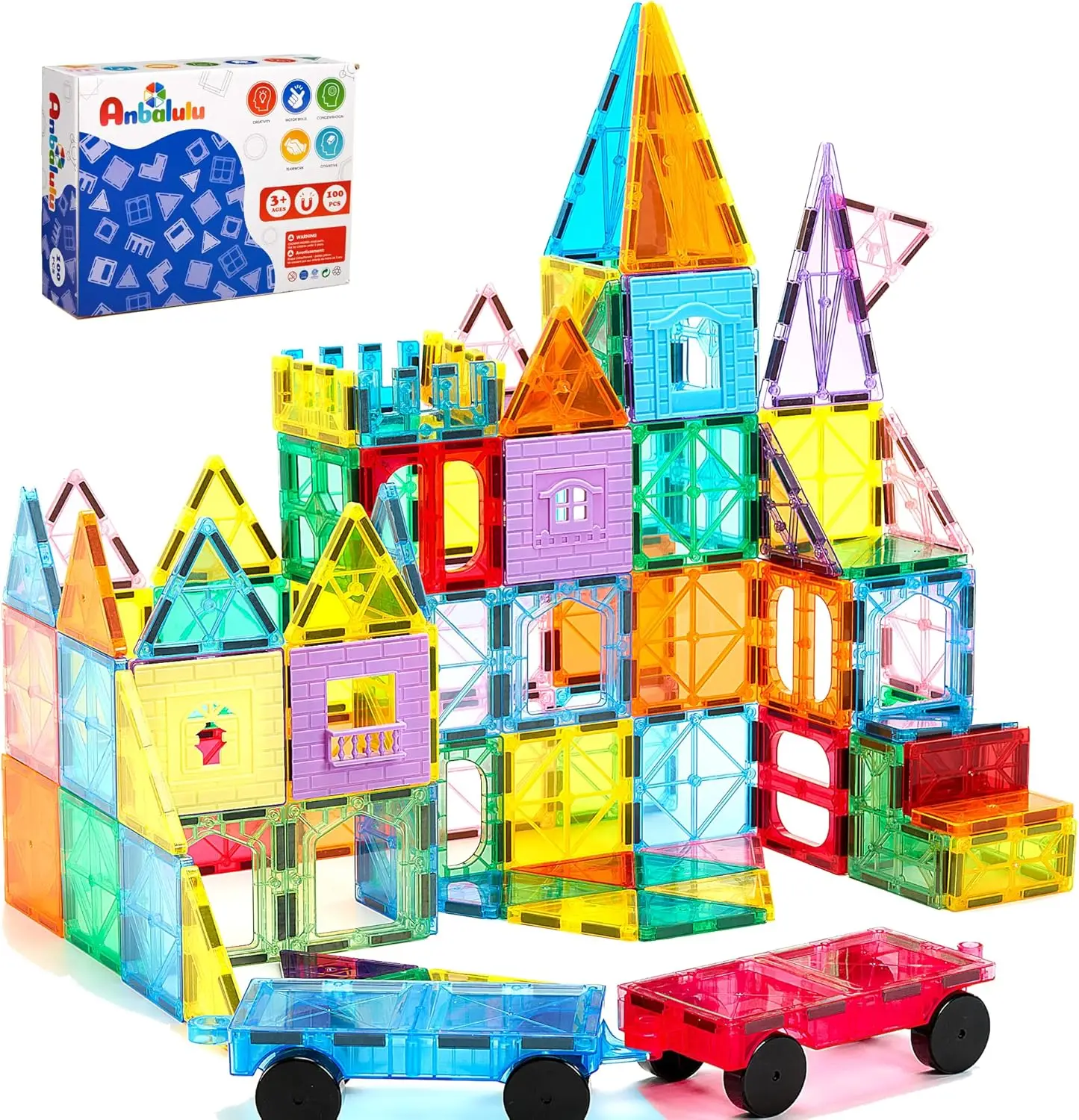 

100PCS Magnetic Tiles with 2 Cars, STEM Building Blocks for Kids Ages 3-9, Educational Construction Toy Gift