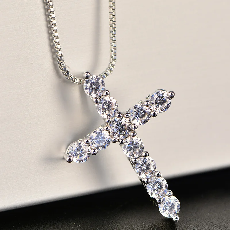 Silver Color Necklace Box chain Shiny crystal classic cross Pendant For Women men Fashion Jewelry Gifts