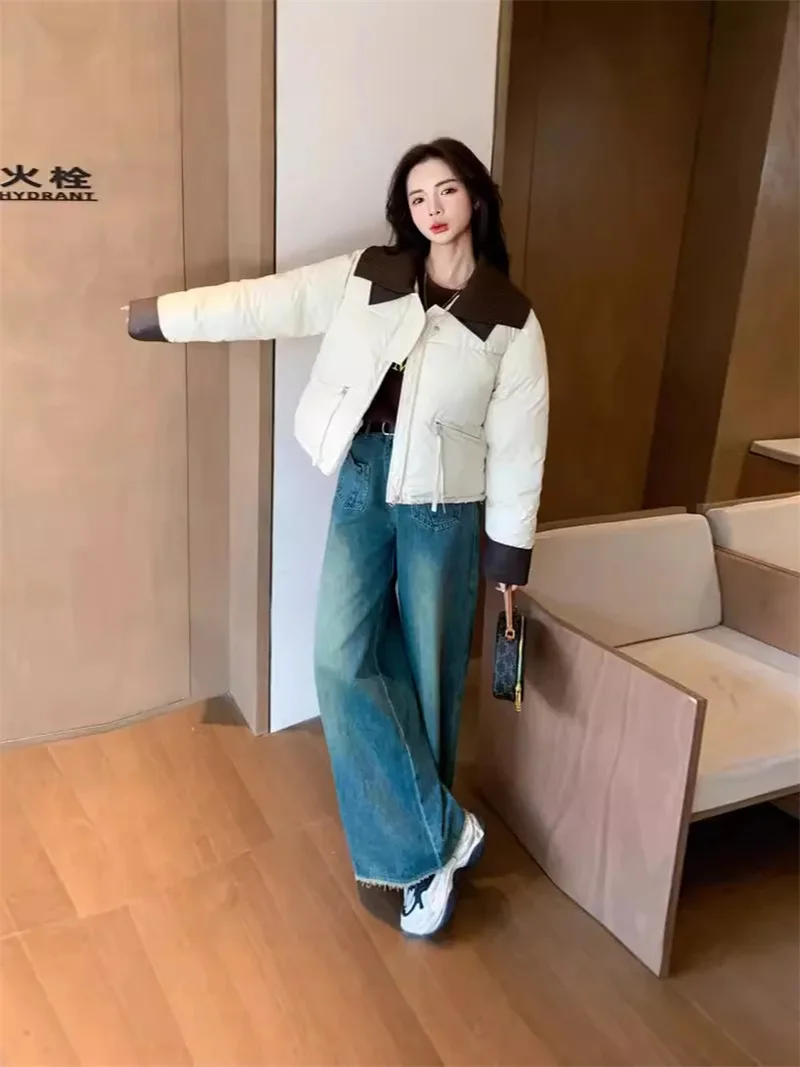 Short and Petite Down Cotton Jacket for Women in Winter 2024 With Loose Cesign and Patchwork Collar Cotton Jacket for Commuting