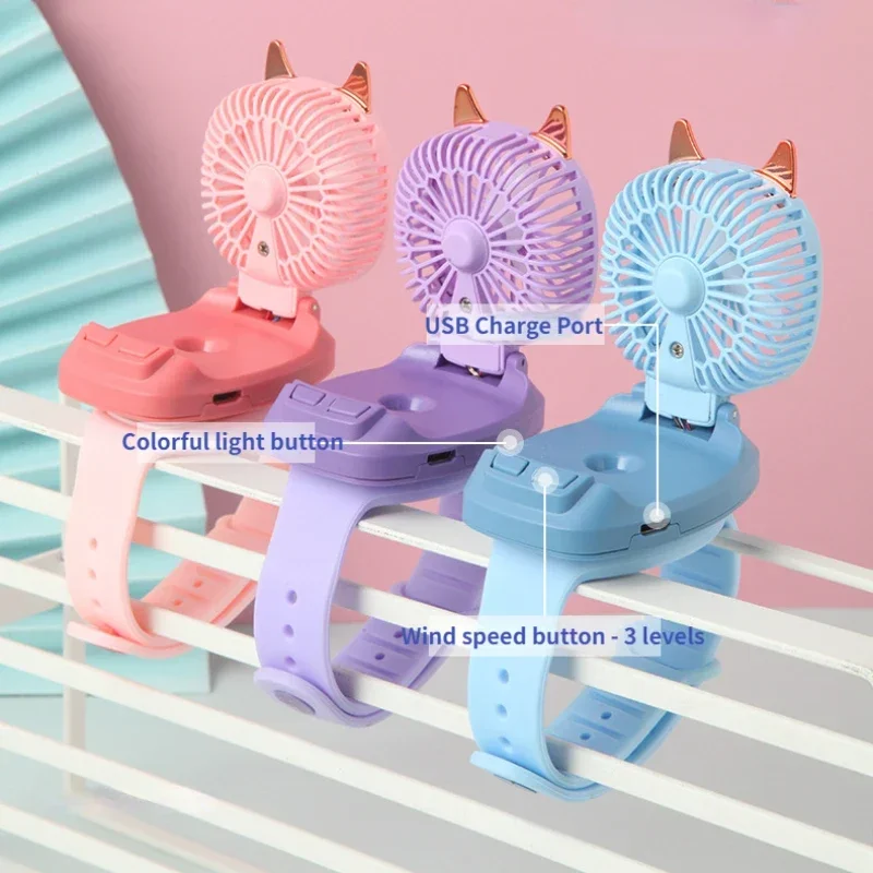 

USB Charging Small Rechargeable Fans Portable Wrist Strap Mini Watch Hand Held Fan With Colorful LED Lights Cat Design Cartton