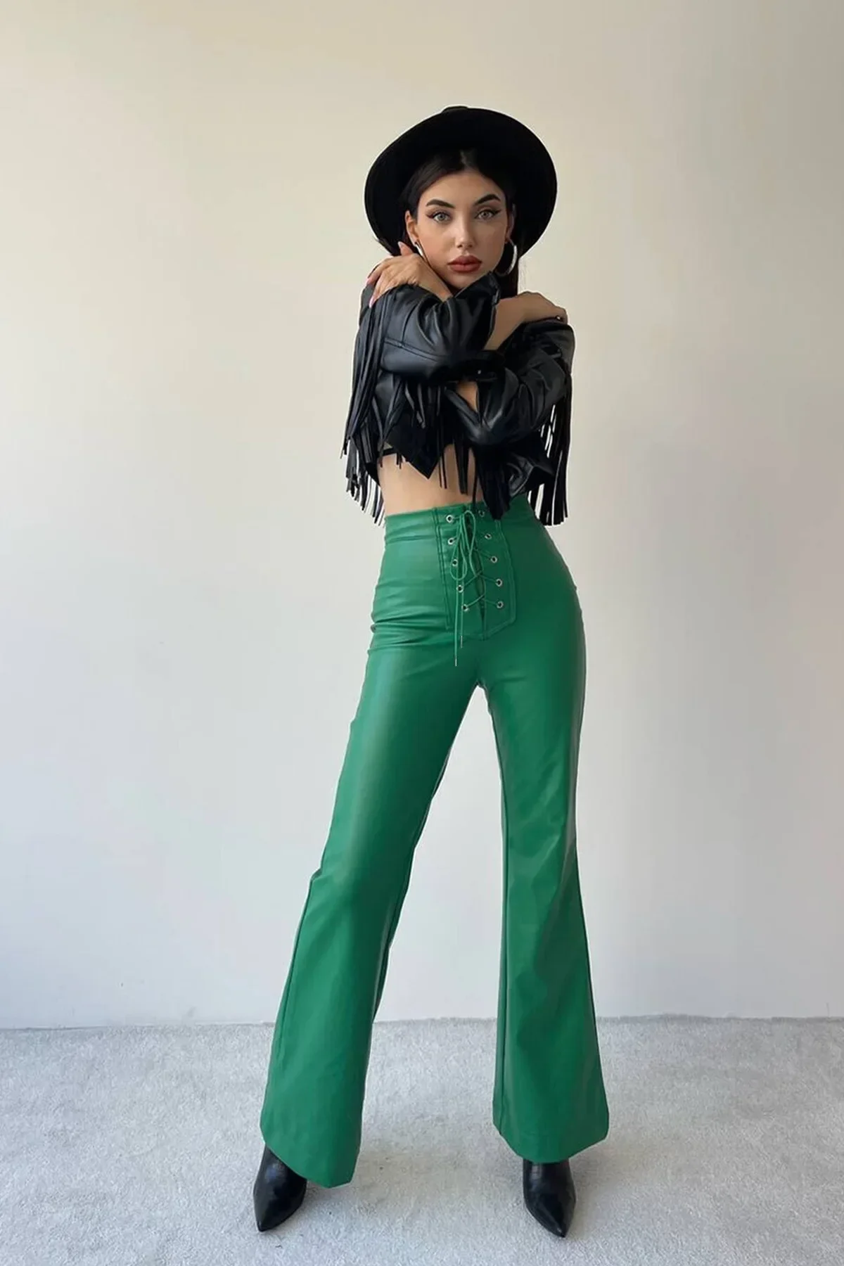 Stylish Chic Faux Leather Pants Women Autumn Winter Sexy High Waist Long Flare Pants Woman Drawstring Black PU Leather Trousers