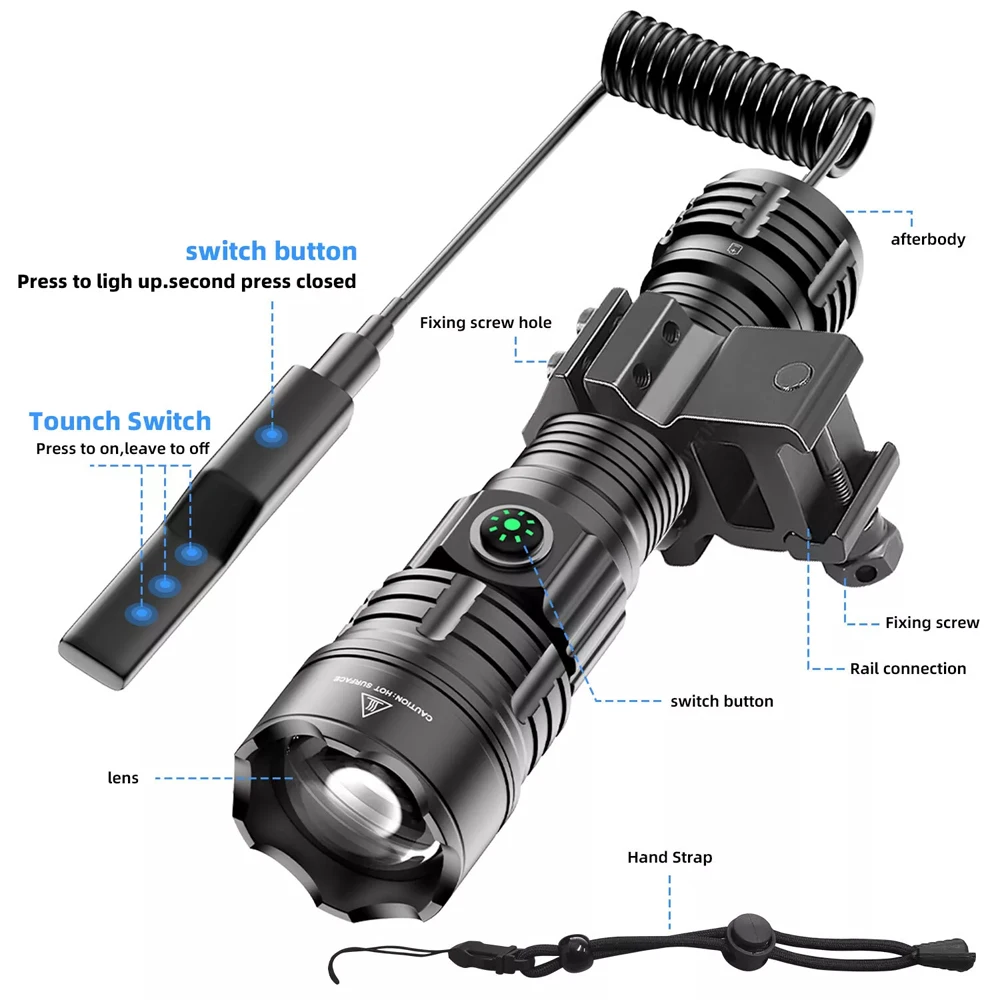 Linterna táctica IP65 de alto lúmenes, 3 modos, batería recargable, luz LED para arma de aleación de aluminio con montaje en riel Picatinny deportivo
