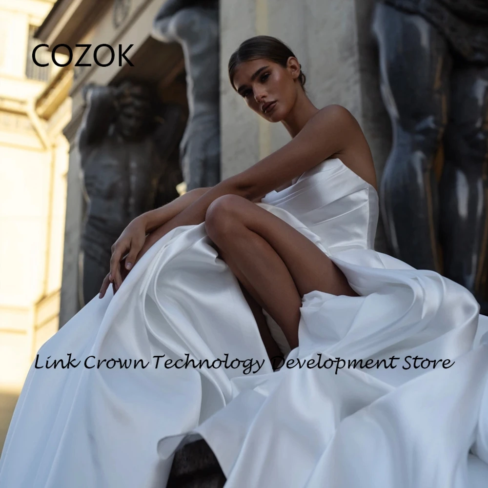 COZOK abiti da sposa con spacco laterale in raso con collo alto per le donne Sweep Train 2024 estate nuovi abiti da sposa con maniche a pieghe Vestido Novia