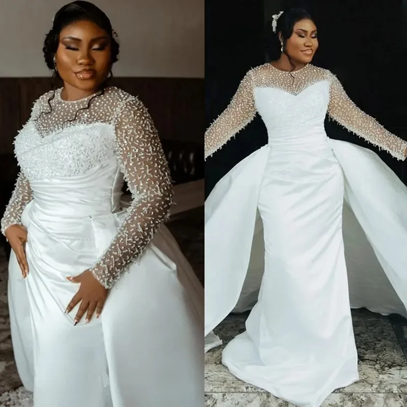 تخصيص زائد حجم حورية البحر فستان الزفاف أثواب الزفاف للعروس انفصال شير طويلة الأكمام مطرز فساتين الزفاف #1