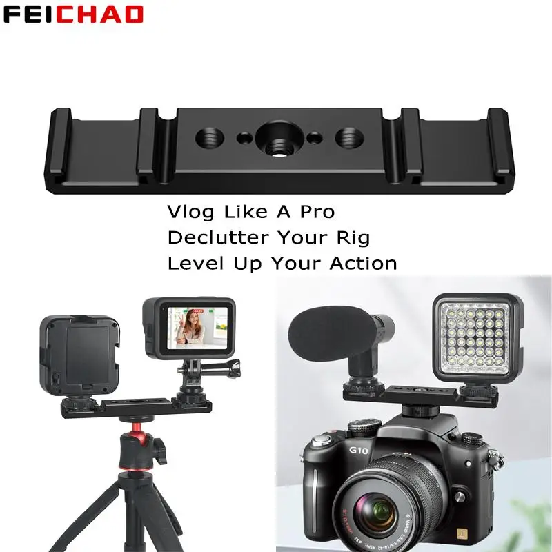 Dual Cold Shoe Mount Bracket 1/4 ARRI for Canon Sony DSLR Camera LED Light Microphone Live Streaming Vlog Aluminum Expansion Bar