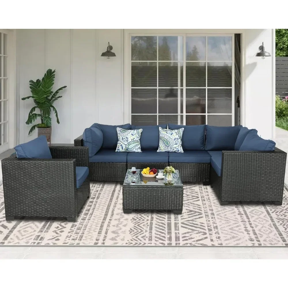 

7 Pieces Patio Furniture Sets Outdoor Rattan Wicker Conversation Sofa Garden Sectional Sets with Coffee Table