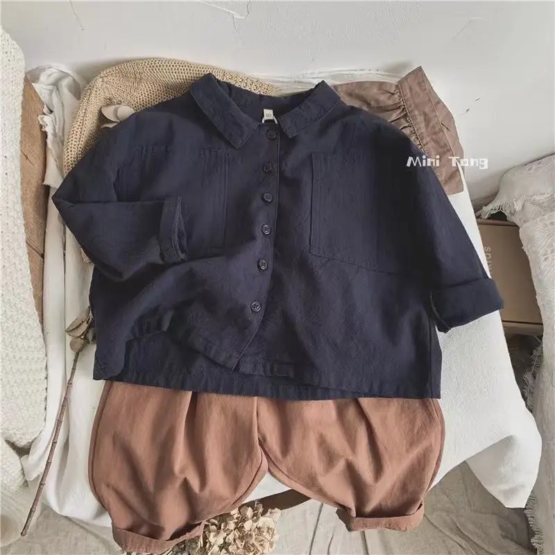 Camisa de lino y algodón de estilo japonés para niños, camisa Retro de manga larga con cuello tipo Polo, abrigo exterior para bebés, primavera y