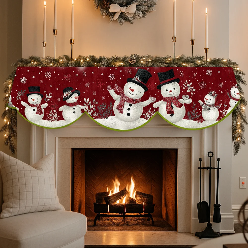 VIKAMA Christmas Fireplace Mantel Scarf Snowman Pattern Mantel Topper Xmas Holiday Fireplace Shelf Cover Home Party Decor