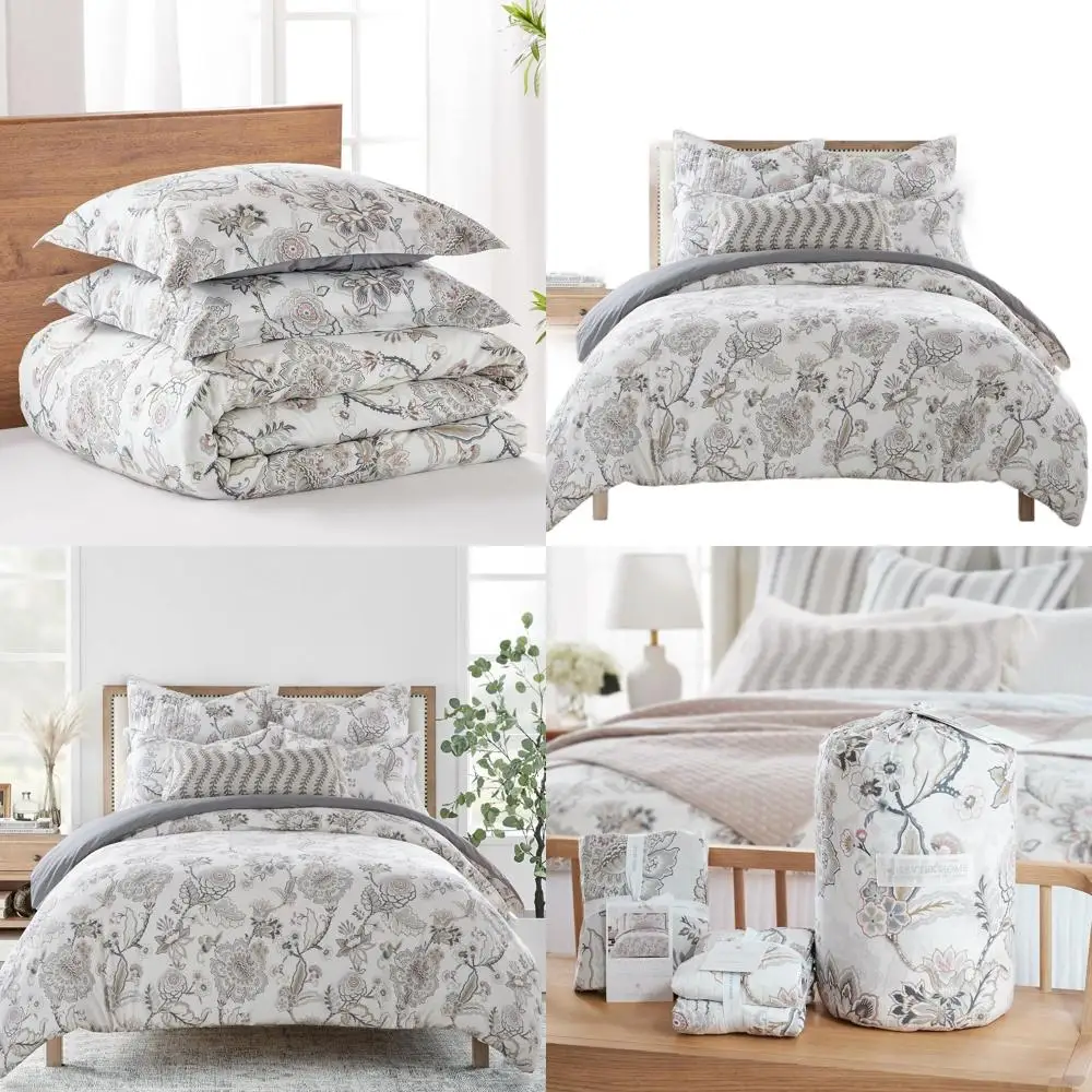 

Queen Size Floral Duvet Cover Set in Blush & Grey with 2 Pillowcases - Rayon, Soft & Pre-Washed