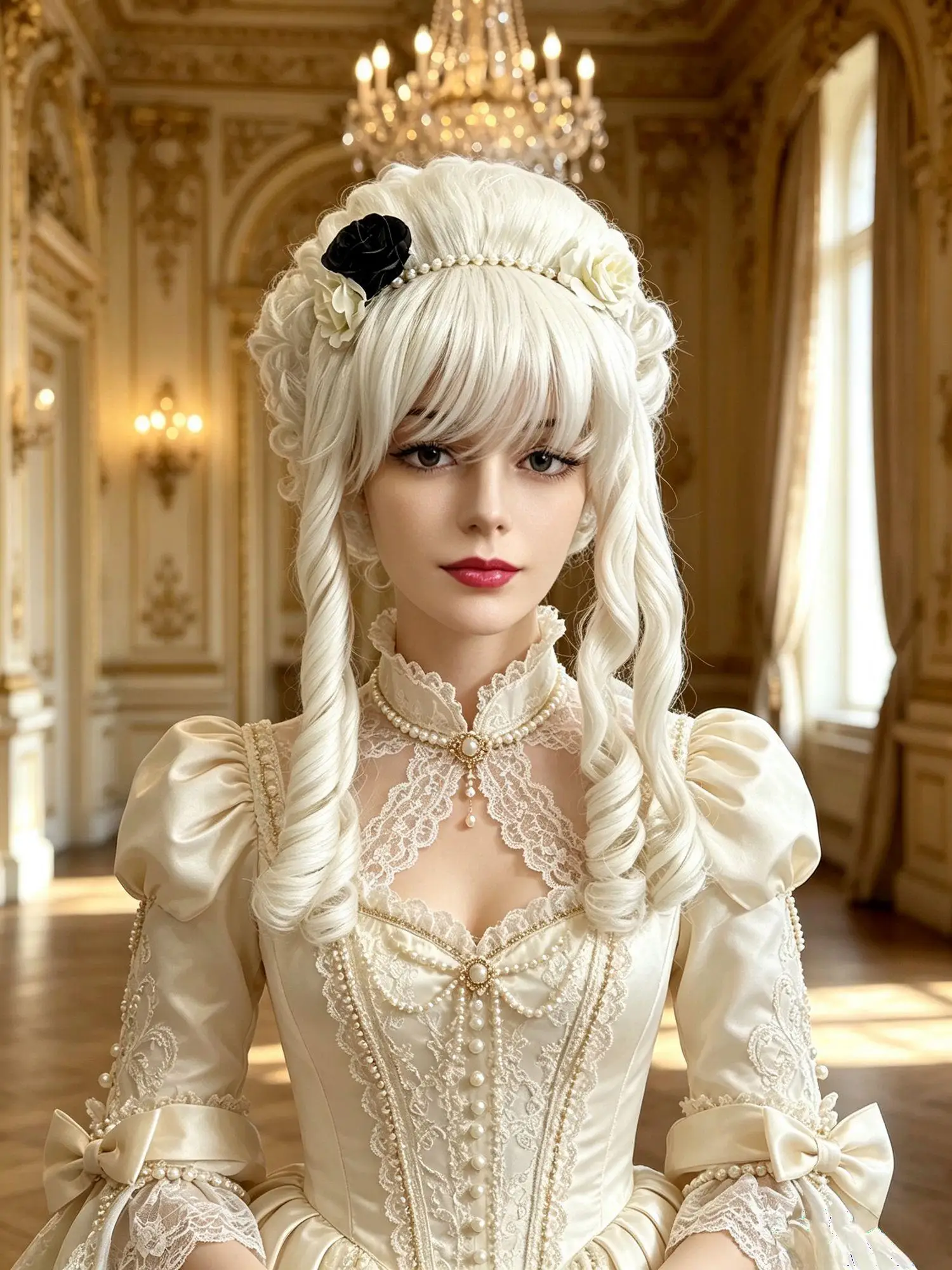 White Premium Synthetic Fiber Curly Wig with Bangs Spiral Curls Side Braids Fluffy Voluminous Updo with Pearl Flower Headband Black White Rose Accessories Lolita Gothic Style Adjustable Cap for Women Girls Cosplay Party Halloween Costume Role Play