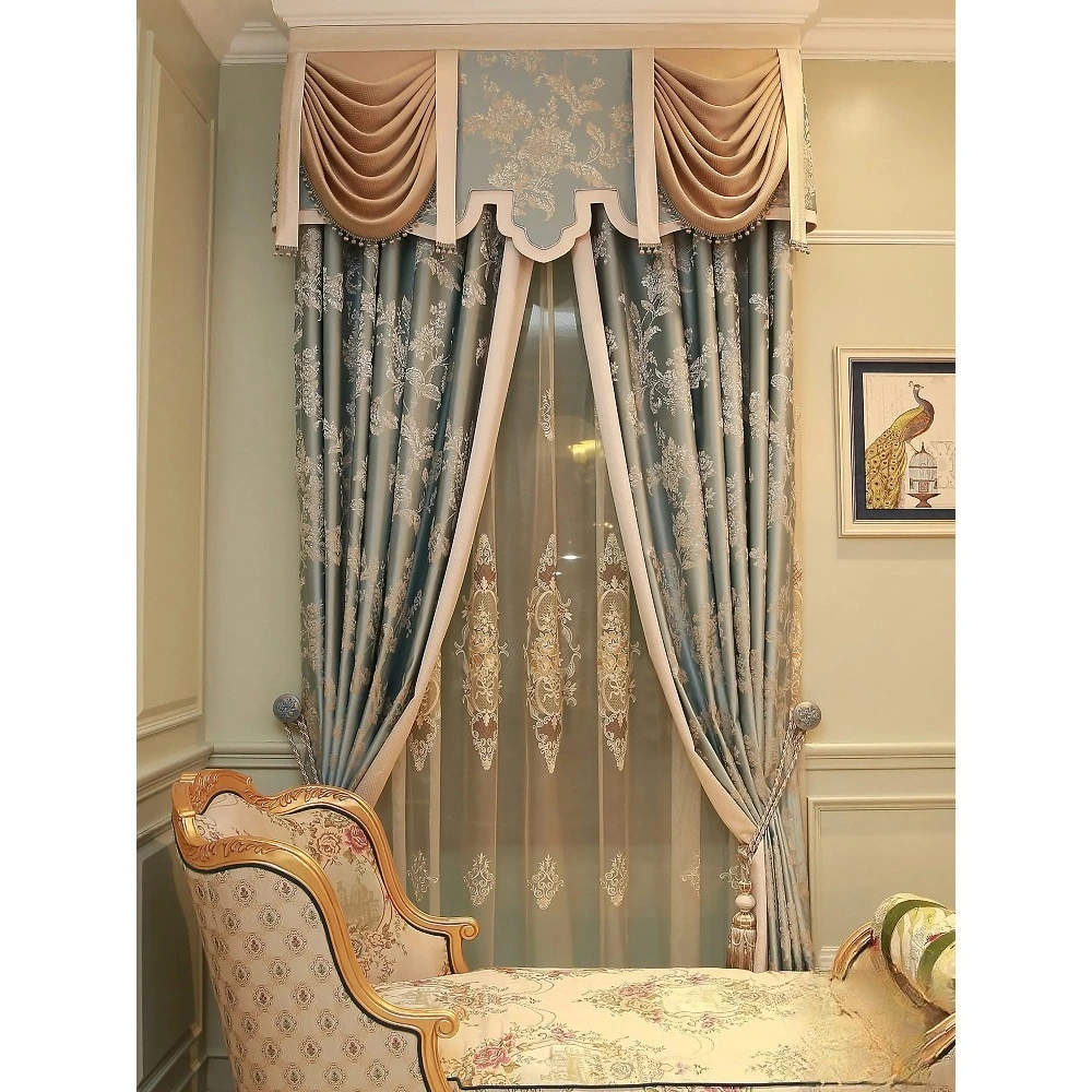 Customized Blue Jacquard Patched Curtains for Living Room Bedroom French Window Balcony Floating Window Finished Products