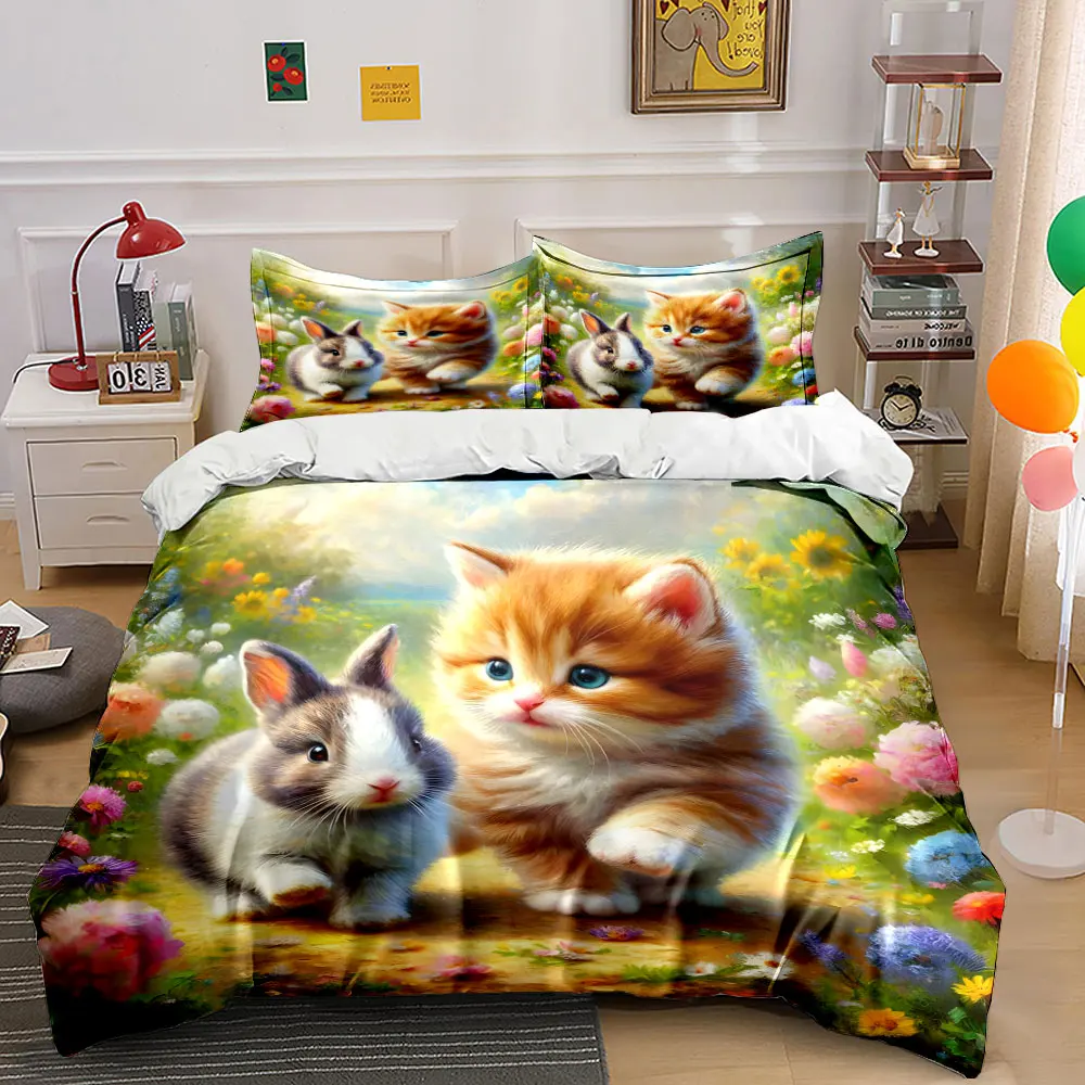 Kitten and Bunny Strolling in Flowers Pattern Duvet Cover Set Digital Print Colorful Polyester Bedding with Zipper Closur gifts