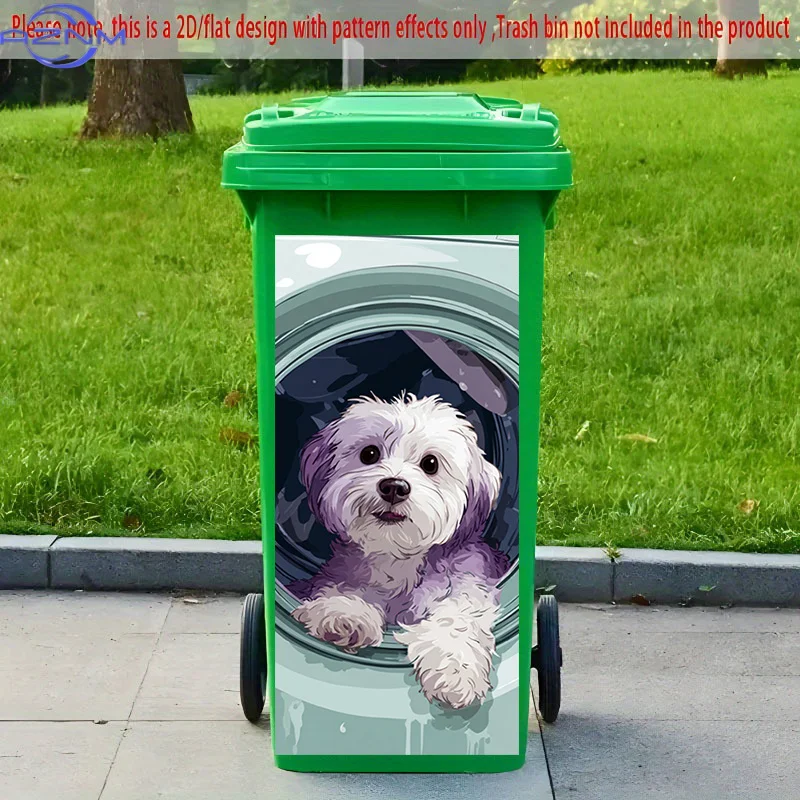 2D Flat Printing 1pc 2D Pattern Printed Kitchen Trash Can Sticker, xcm, Cute Dog in Washing Machine Theme, Kitchen Home Decor