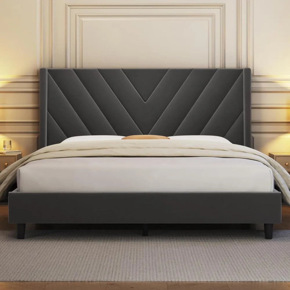

Queen Bed Frame Upholstered Platform Bed with Wing Side/Wooden Slat Support/Tufted Headboard with Wing Side/Mattress