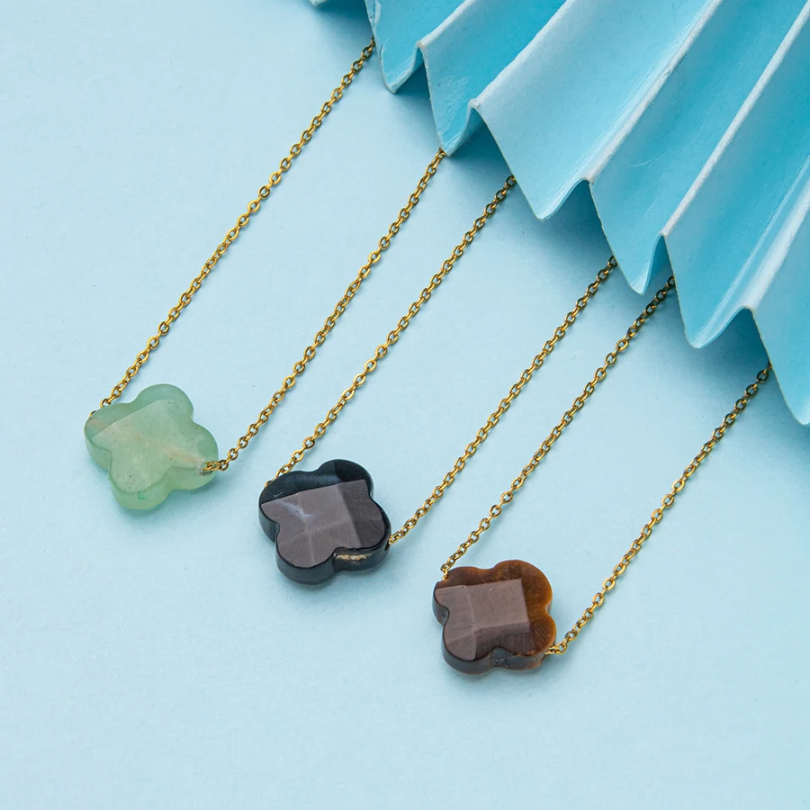 1pc natrual crystal stone gemstone agate Four Leaf Clover Adjustable stainless steel pendant  necklace for  women and men