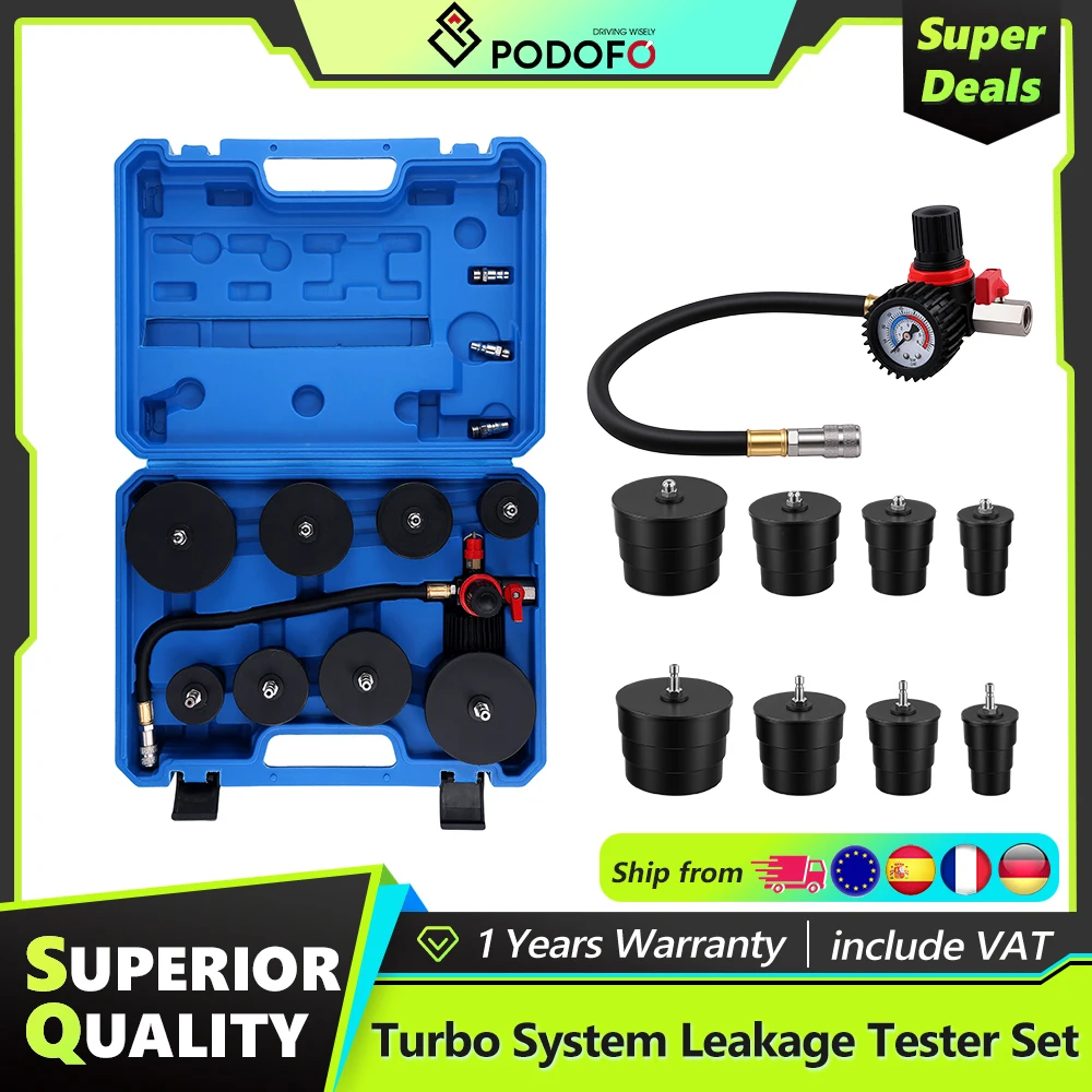 Podofo Kit de testeur de fuite de pression d'air pour système turbo 9 pièces avec 4 paires d'adaptateurs dégradés, outil de détection de pression pour camions et automobiles