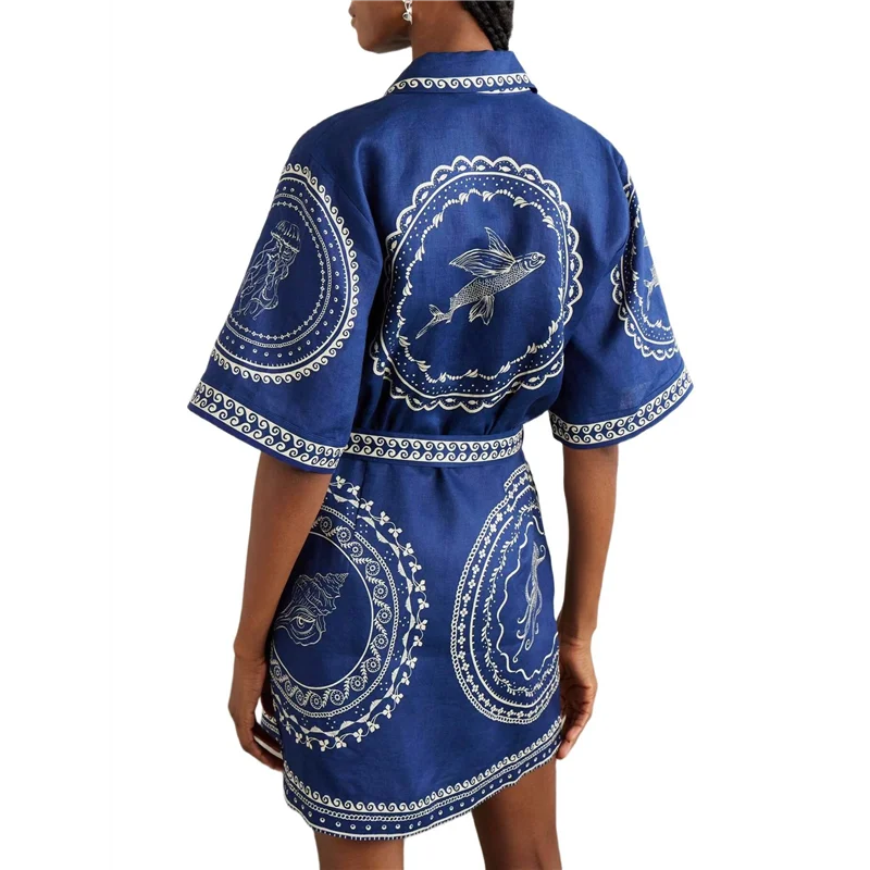 ABRT-Women's Floral Cotton And Linen Button-Down Wrap-Tie Bohemian Beach Shirt Dress (With Belt)