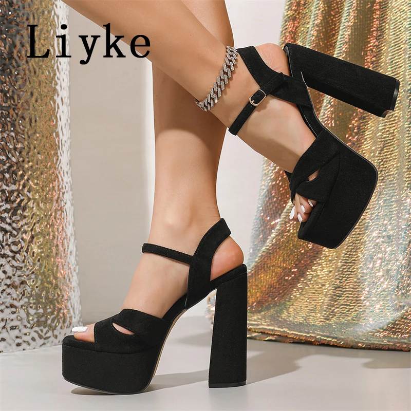 

Liyke Fashion Suede Chunky Platform High Heels Sandals Women Summer Fish Mouth Catwalk Thick Heeled Banquet Party Shoes Size 42