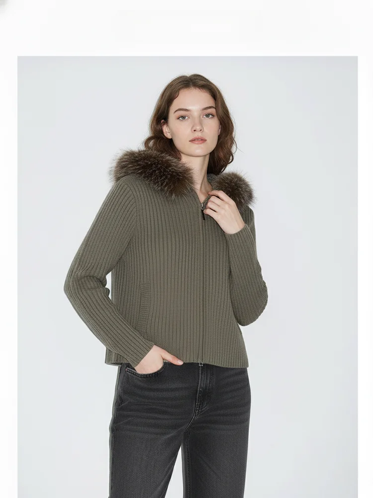 

Женский приталенный трикотажный кардиган Acousotg с двойной молнией, капюшоном и большим меховым воротником, из смесового хлопка, осенне-зимняя верхняя одежда