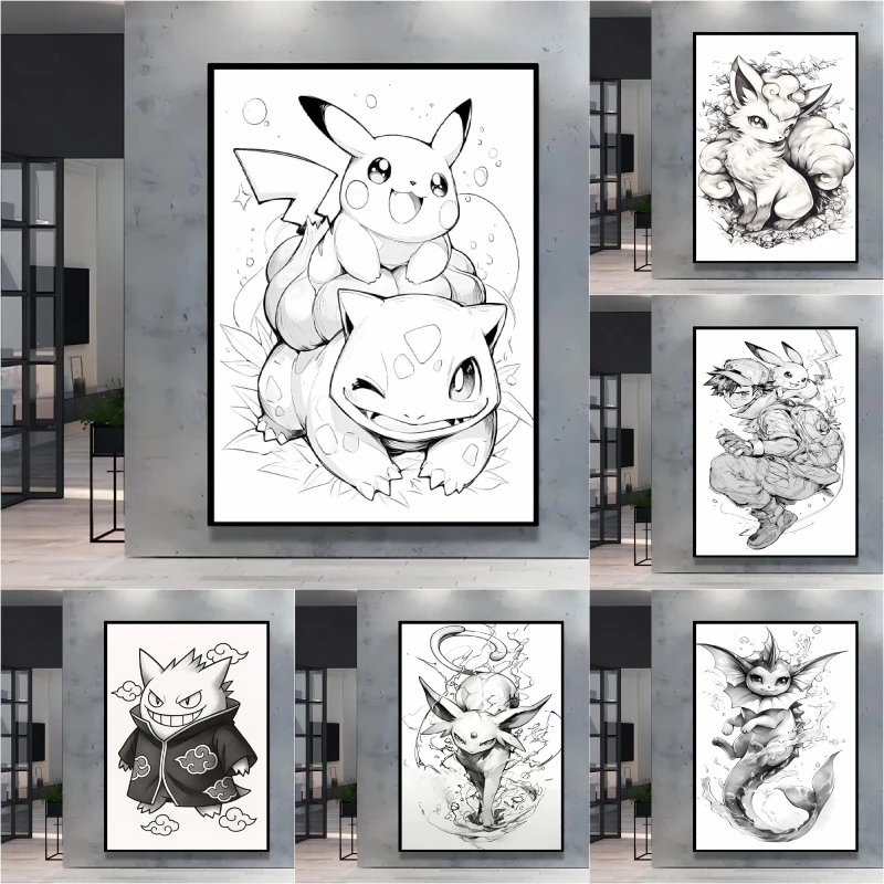 

Pokemon Decor Painting Pikachu Cute Image The Black and White Color Is Classic Fashionable Injecting Anime Vitality Into Space