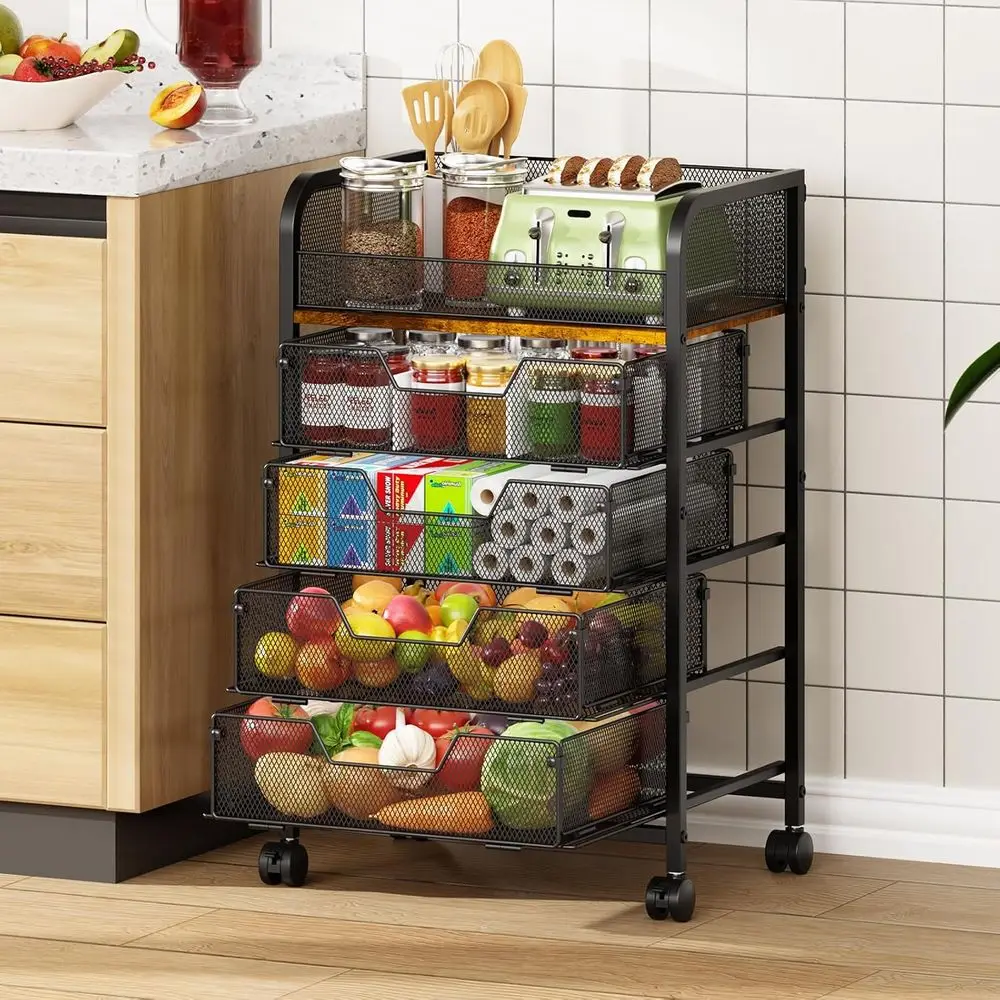 

5-Tier Rolling Kitchen Storage Cart with Wooden Top - Utility Cart for Pantry, Snacks, Fruits, and Vegetables