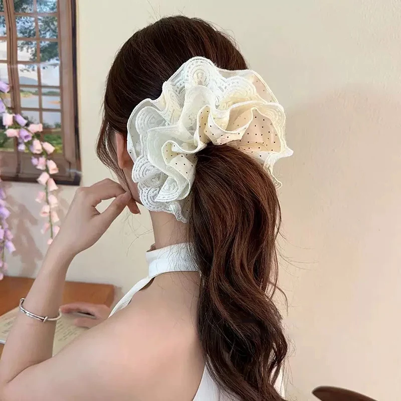 French Style Polka Dot Ruffle Lace Oversized Hair Scrunchies Women 4 layers Large Hair Ties Ponytail Holder Korean Headdress - view 2