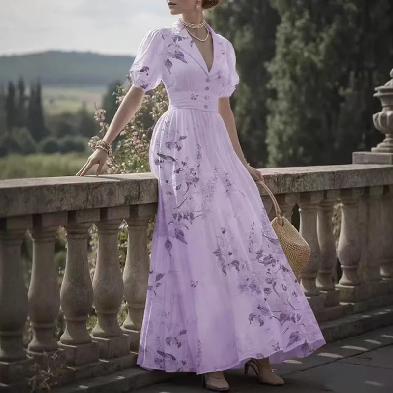 قصر نمط الأزهار طباعة خمر فستان طويل امرأة أنيقة الخامس الرقبة زر عالية الخصر فستان الحفلات فانوس كم الصيف فستان ماكسي